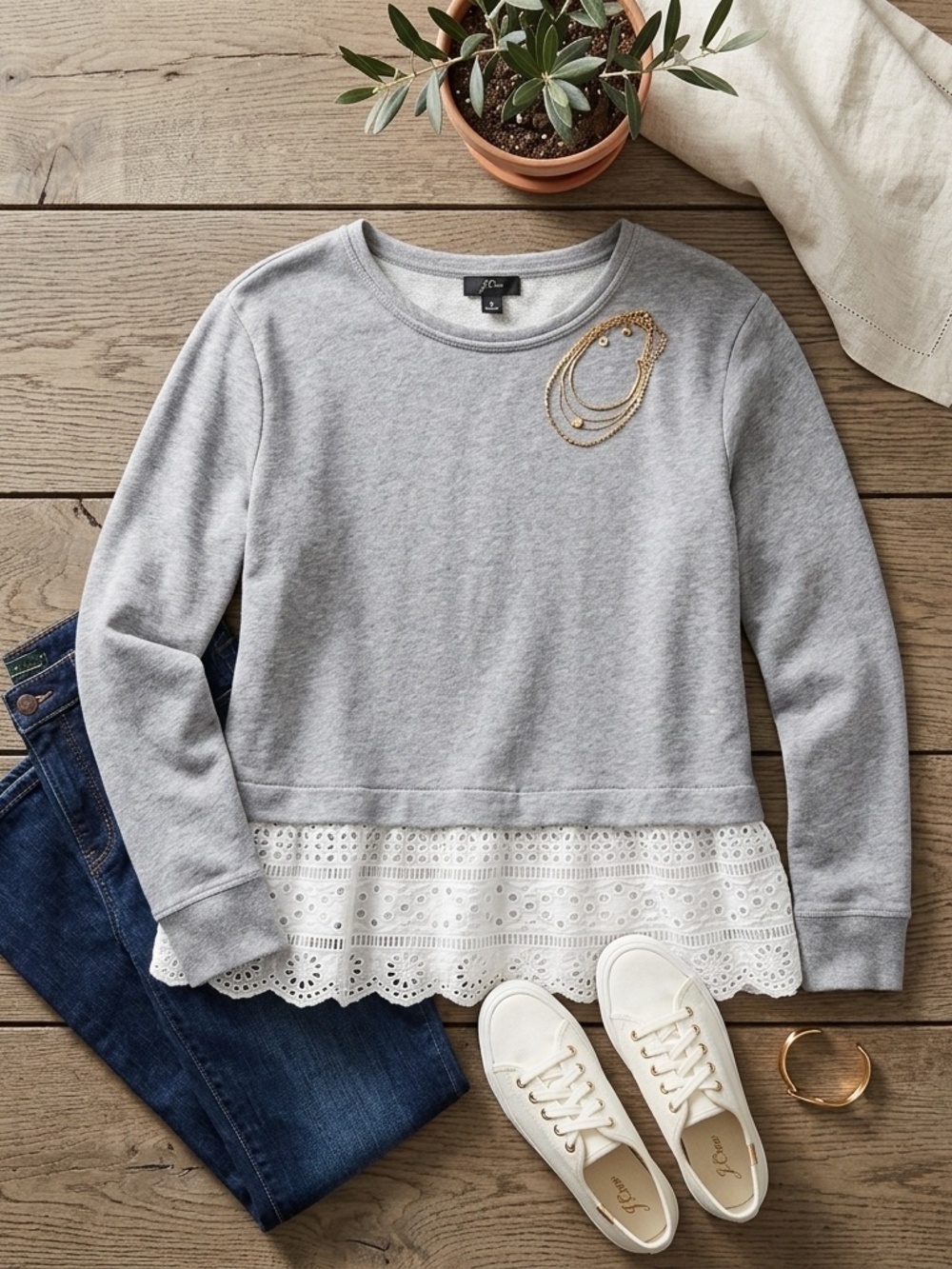 J.Crew Women's  Gray / White Eyelet Hem Sweatshirt Top Long Sleeve Size M